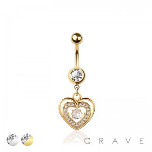 316L SURGICAL STEEL MULTI CZ HEART BEZEL CENTER DANGLE BELLY BUTTON NAVEL RING 